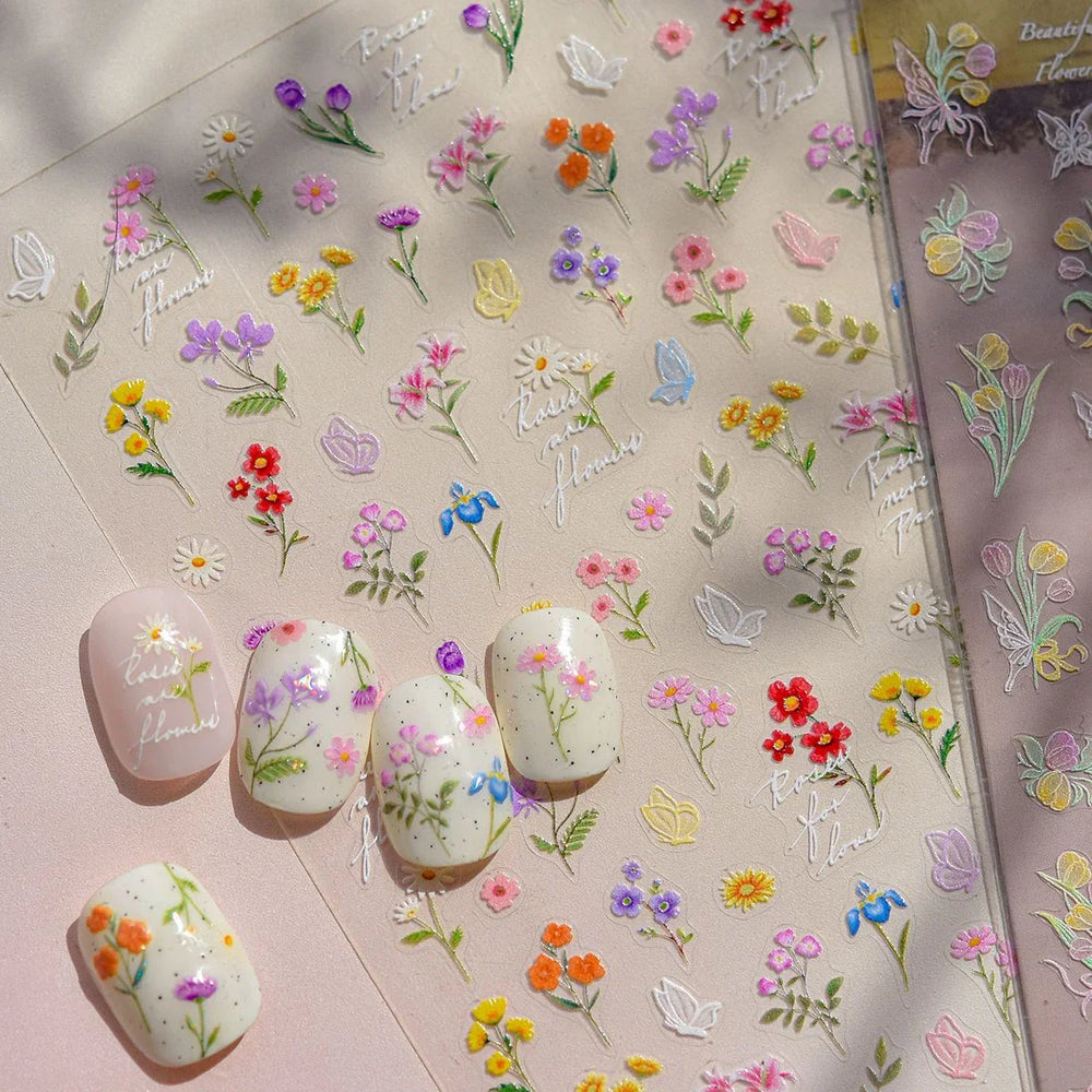 Dried Flower Lavender Bowknot Peony Pomegranate Flowers Bouquet Rose Chic Reliefs Self Adhesive Nail Art Stickers Manicure Decal (ONLINE ORDER ONLY)