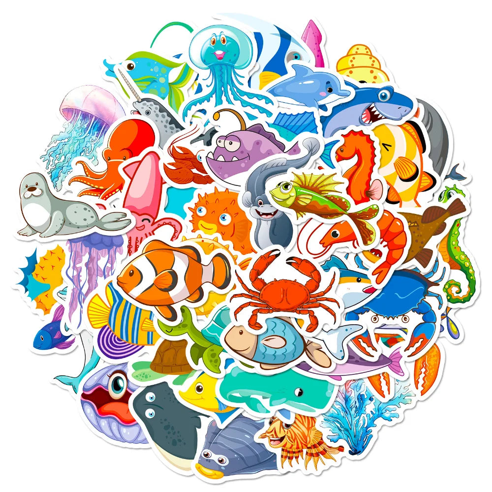 10/50Pcs Cartoon Marine Life Fish And Shrimp Sticker For Kids Toys Luggage Laptop Ipad Skateboard Stickers Wholesale (ONLINE ORDER ONLY)