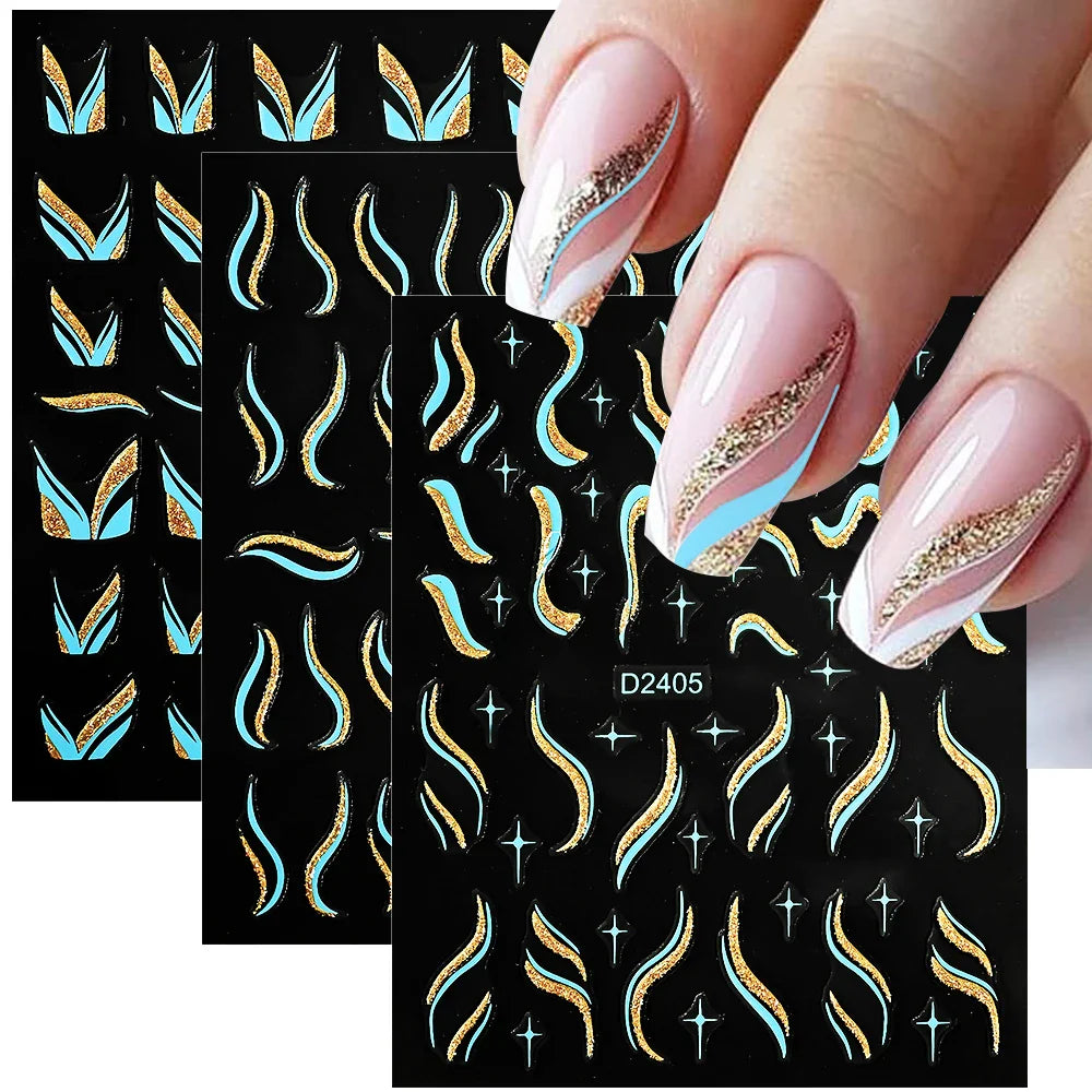 6pcs/Set Blue Gold Glitter French Design 5D Nail Stickers Curve Lines Swirls Wave Nail Sliders Reflective Flakes Decals Manicure (ONLINE ORDER ONLY)