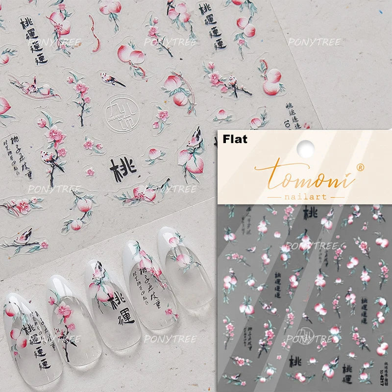 Pink Peach Blossom Blue Magpie Butterfly Bird Wing Tree Branch Animals Plants Shiny 3D Adhesive Nail Art Stickers Manicure Decal (ONLINE ORDER ONLY)