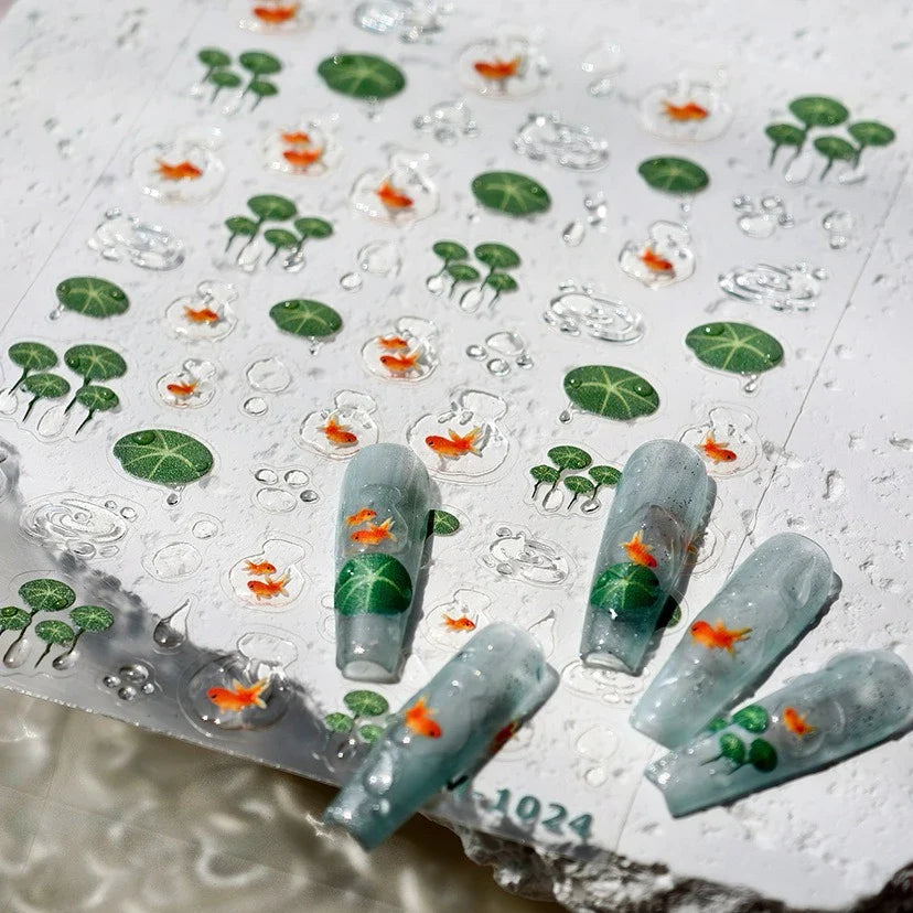 Lotus Flower Leaf Goldfish Ripple Wavelet Water Droplet Lotus Pond Brocaded Carp Self Adhesive Nail Art Stickers Manicure Decals (Online Order Only)