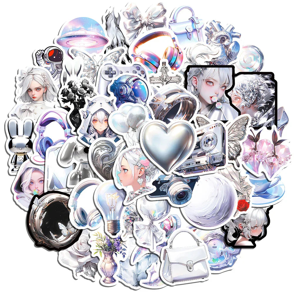 Silver Cartoon Graffiti Stickers Pack - Cute DIY Skateboard & Luggage Decor (ONLINE ORDER ONLY)