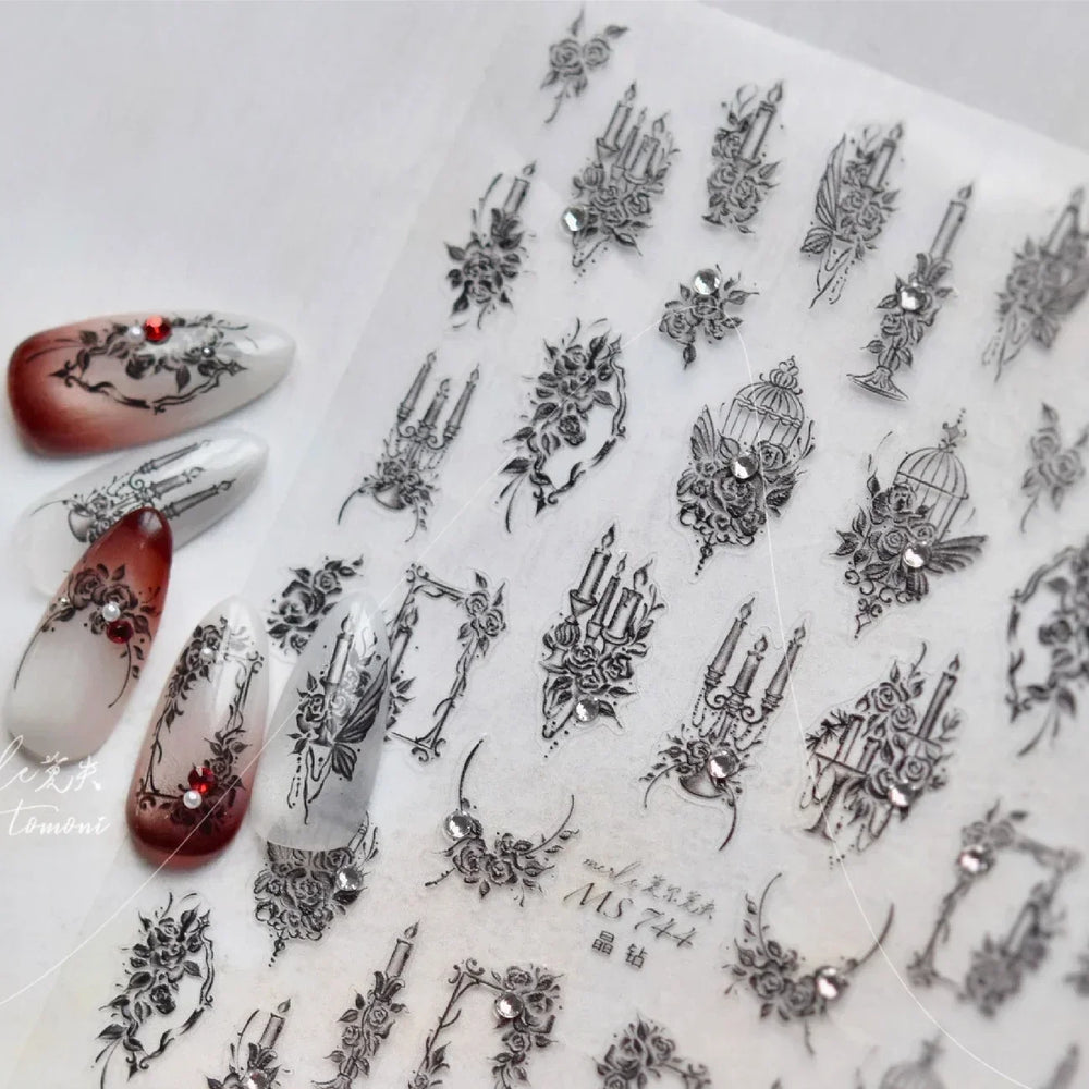 Retro Candlestick Holder Rose Rambler Birdcage Photo Frame Lace Self Adhesive Nail Art Sticker Charm Rhinestone Manicure Decal (Online Order Only)