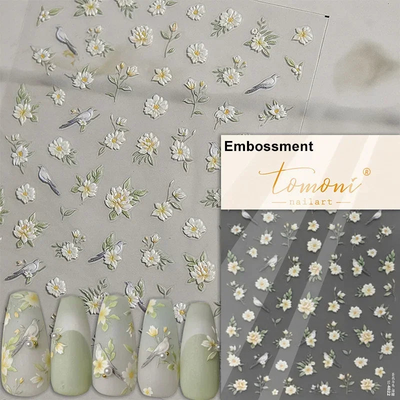 Gradient Coloredful Flower Petal Green Leaf Dreamy Shiny Chinese Rose Fantasy Relief Adhesive Nail Art Stickers Manicure Decals (Online Order Only)