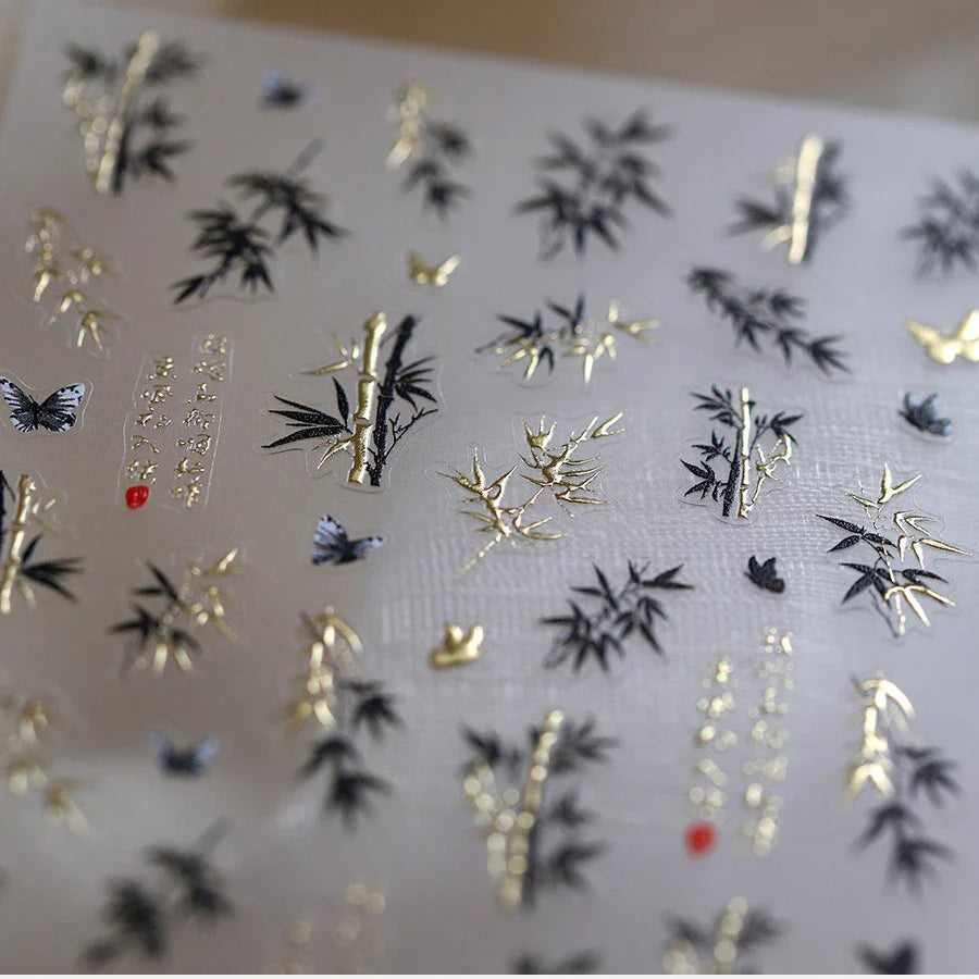Antique Bamboo Leaf Hot Stamping Plant Botany Calligraphy Characters Self Adhesive Nail Art Stickers Rhinestone Manicure Decals (ONLINE ORDER ONLY)