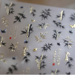 Antique Bamboo Leaf Hot Stamping Plant Botany Calligraphy Characters Self Adhesive Nail Art Stickers Rhinestone Manicure Decals (ONLINE ORDER ONLY)