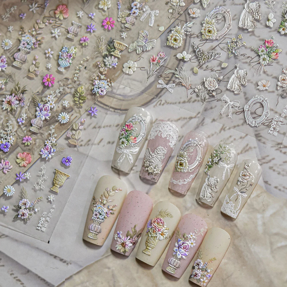 Angel Bowknot Stone Statue Vintage Photo Frame Flower Bed Bouquet Garden Rose Crown Adhesive Nail Art Stickers Manicure Decals (ONLINE ORDER ONLY)