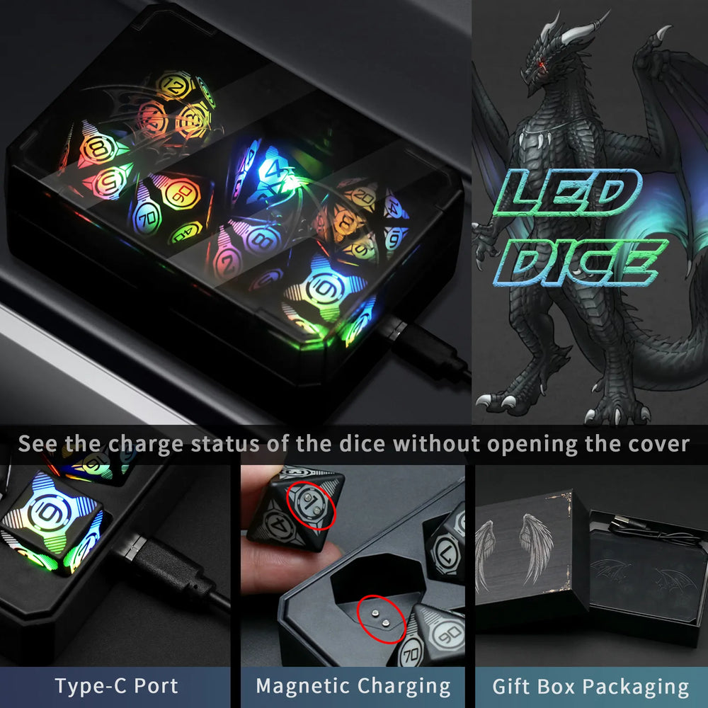 Glowing Rechargable LED Light Up 7 Piece Dice Set With Charging Case (Online Order Only)