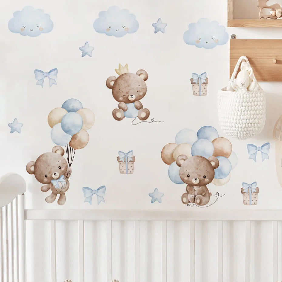 Blue Bear Balloon Animal Wall Stickers Removable Kids Room Nursery Decor (Online Order Only)