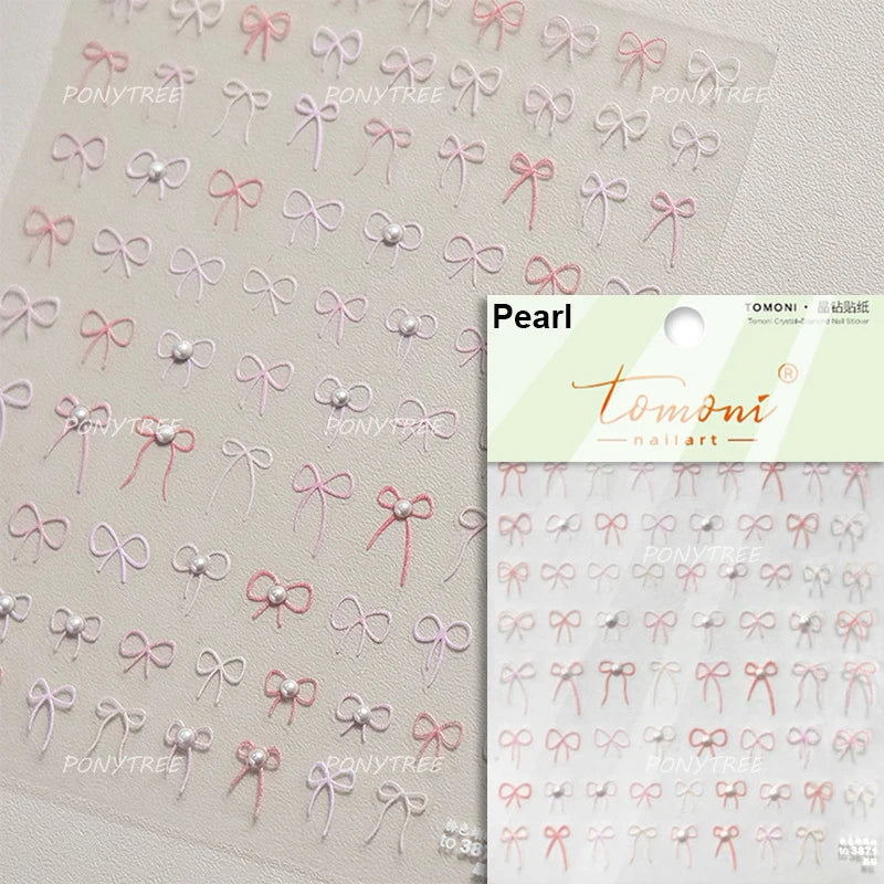 Chic Shiny Lace Pink Black White Bowknot Pearl Rhinestones Charming 3D Self Adhesive Nail Art Decoration Sticker Manicure Decals (Online Order Only)
