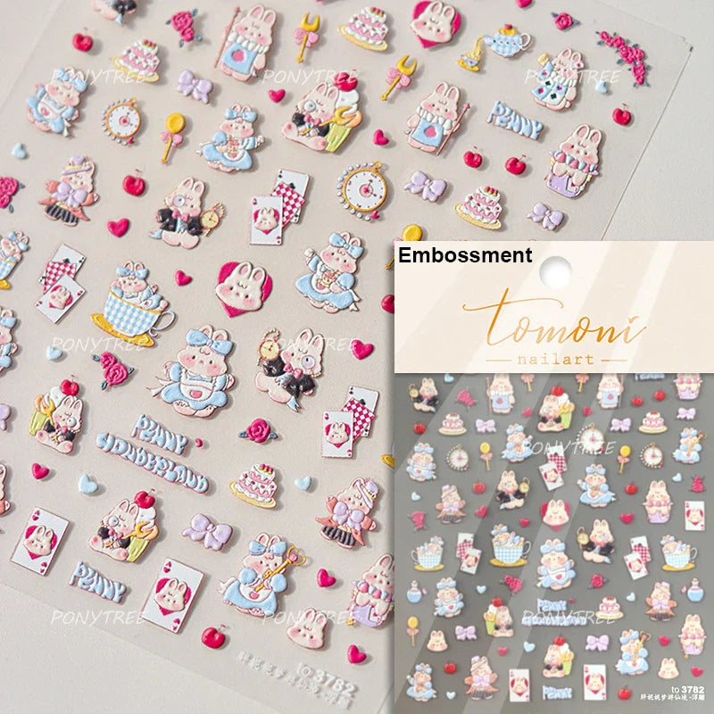 Cute Rabbit Fan Peach Blossom Teacup Lollipop Strawberry Star Cherry Hat Soft Embossed Adhesive Nail Art Stickers Manicure Decal (ONLINE ORDER ONLY)