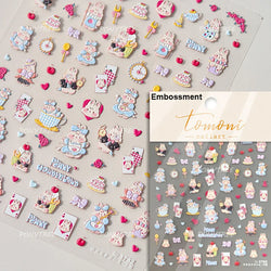 Cute Rabbit Fan Peach Blossom Teacup Lollipop Strawberry Star Cherry Hat Soft Embossed Adhesive Nail Art Stickers Manicure Decal (ONLINE ORDER ONLY)