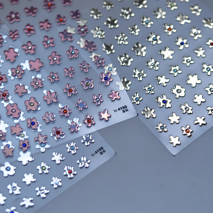 Hot Stamping Laser Silver Pink White Flower Rhinestone Pearl Irregular Petal Adhesive Nail Art Decoration Sticker Manicure Decal (ONLINE ORDER ONLY)