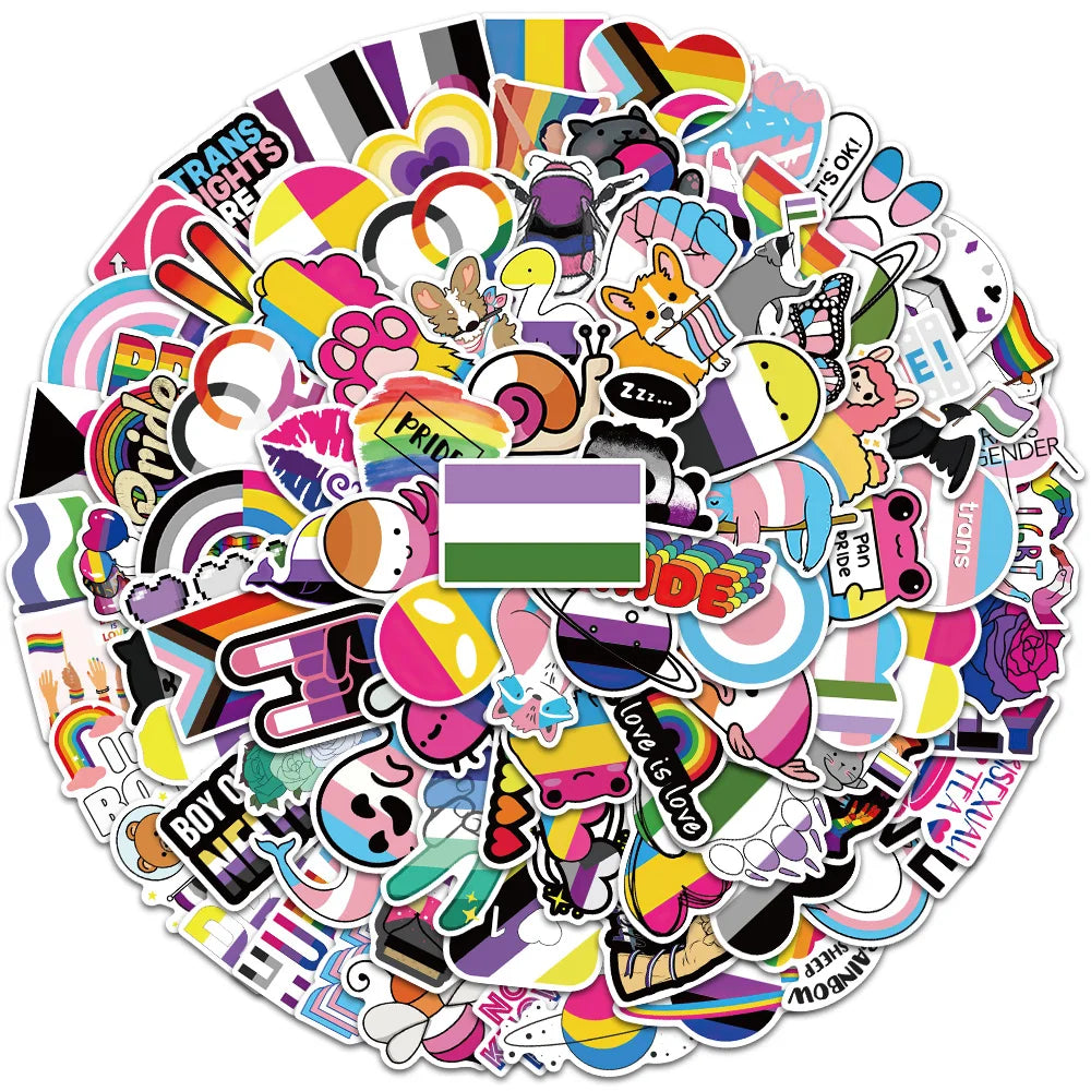 50/100pcs Colorful Cool Cartoon Rainbow LGBTQ Stickers For Laptop Phone Guitar Luggage Diary Waterproof Graffiti Vinyl Decals (ONLINE ORDER ONLY)