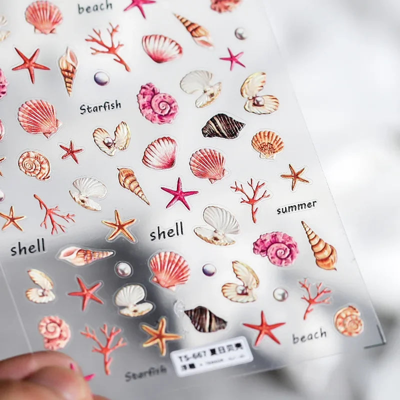 Fantasy Beach Summer Dreamy Colorful Seasnail Shell Pearl Conch Jelly Star 5D Decals Soft Relief 3D Decoration Nail Art Stickers (Online Order Only)