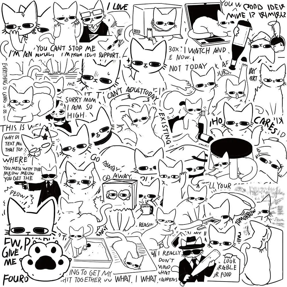 10/50pcs Cute Funny Cartoon Animal Cat Meme Stickers Black White Cats Decals DIY Water Bottle Fridge Laptop Luggage Car Sticker (Online Order Only)