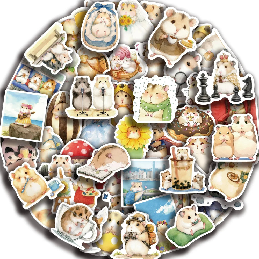 55pcs Hello Cute Hamster Stickers Suitcase Skateboard Guitar DIY Laptop Waterproof Sticker Aesthetic PVC School Stationery ﻿ (Online Order Only)