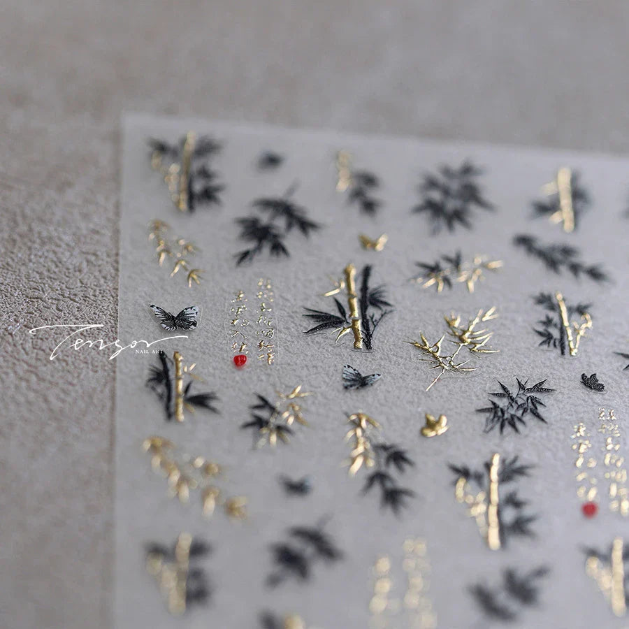 Antique Bamboo Leaf Hot Stamping Plant Botany Calligraphy Characters Self Adhesive Nail Art Stickers Rhinestone Manicure Decals (ONLINE ORDER ONLY)