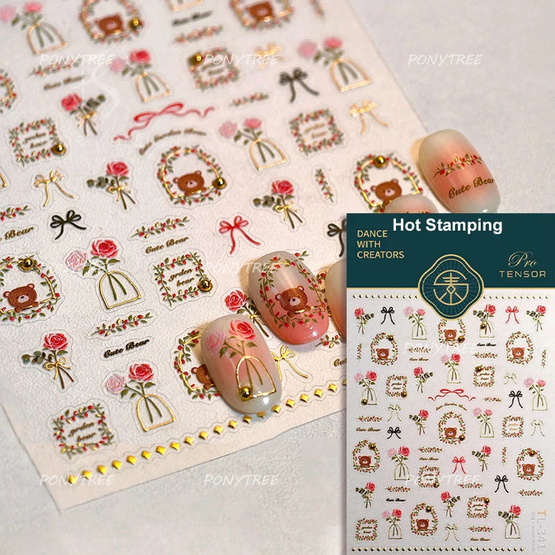 Rabbit Bunny Bear Flower Lace Bowknot Retro Frame Rose Self Adhesive Nail Art Decoration Stickers Chic Manicure Decals Wholesale (ONLINE ORDER ONLY)