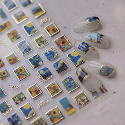 Hot Stamping Colourful Sunflower Starry Night Impressionism Embossment Adhesive Nail Art Sticker Shiny Rhinestone Manicure Decal (Online Order Only)