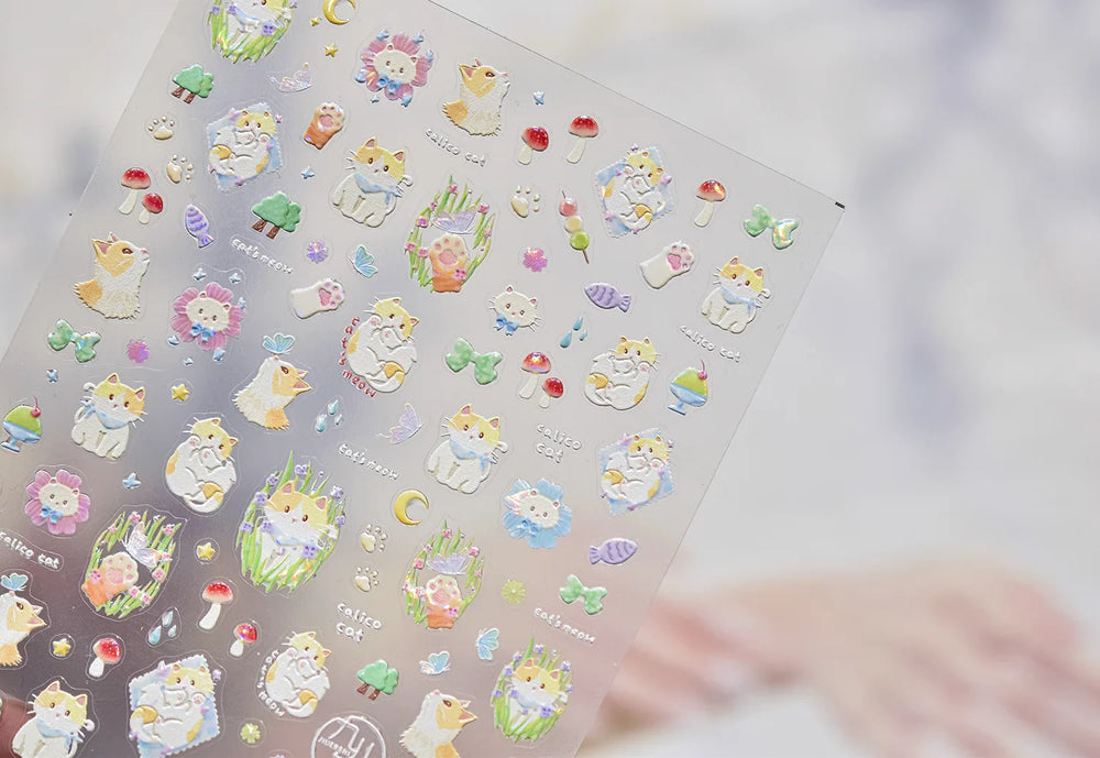 Picnic Cat Kitten Bowknot Flower Fish Butterfly Tree Mushroom Star Moon Cat's Paw Adhesive Nail Art Sticker Cute Manicure Decals (Online Order Only)