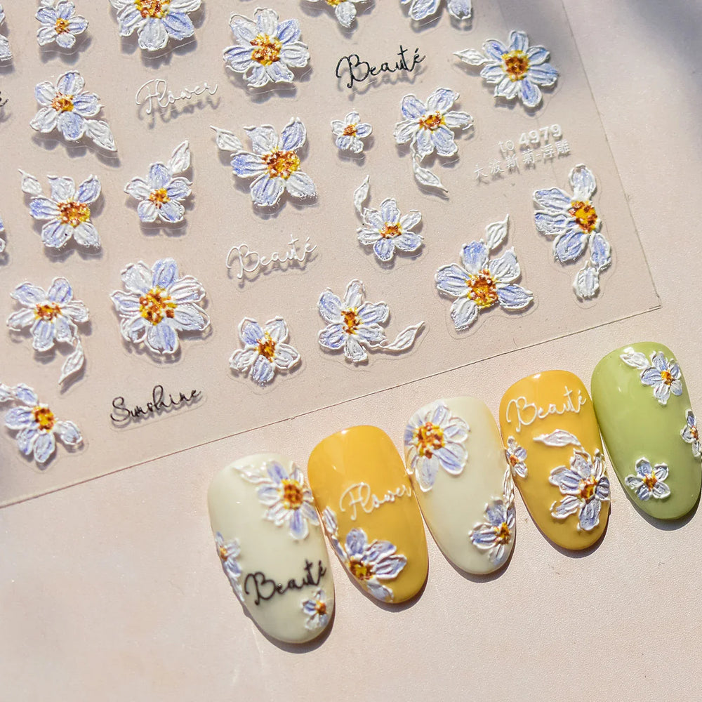 Flowers in Bloom Cosmos Chrysanthemum Daisy White Petal Yellow Stamen Self Adhesive Nail Art Decorations Sticker Manicure Decals (ONLINE ORDER ONLY)