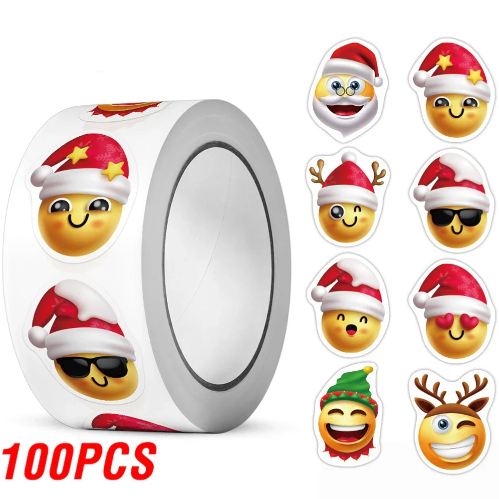 100-500pcs Heterotypic Christmas Themed Fun Face Stickers 8 Designs DlY Holiday Party Decoration label Stationery stickers (ONLINE ORDER ONLY)