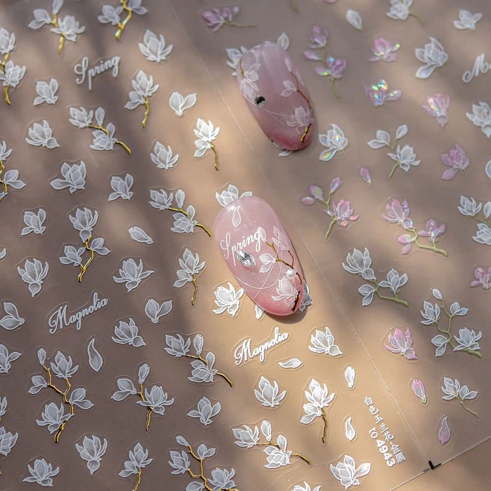 Translucent White White Pink Magnolia Rose Flower Floral Soft Embossed Relief Adhesive Nail Art Stickers Chic 3D Manicure Decals (ONLINE ORDER ONLY)