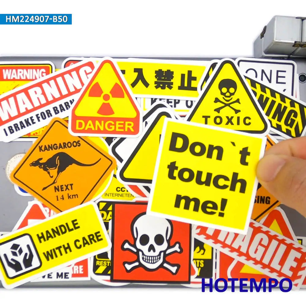 20/30/50Pieces Caution Tip Decals Stop Warning Danger Signs Funny Stickers for Motorcycle Car Bike Luggage Laptop Helmet Sticker (ONLINE ORDER ONLY)