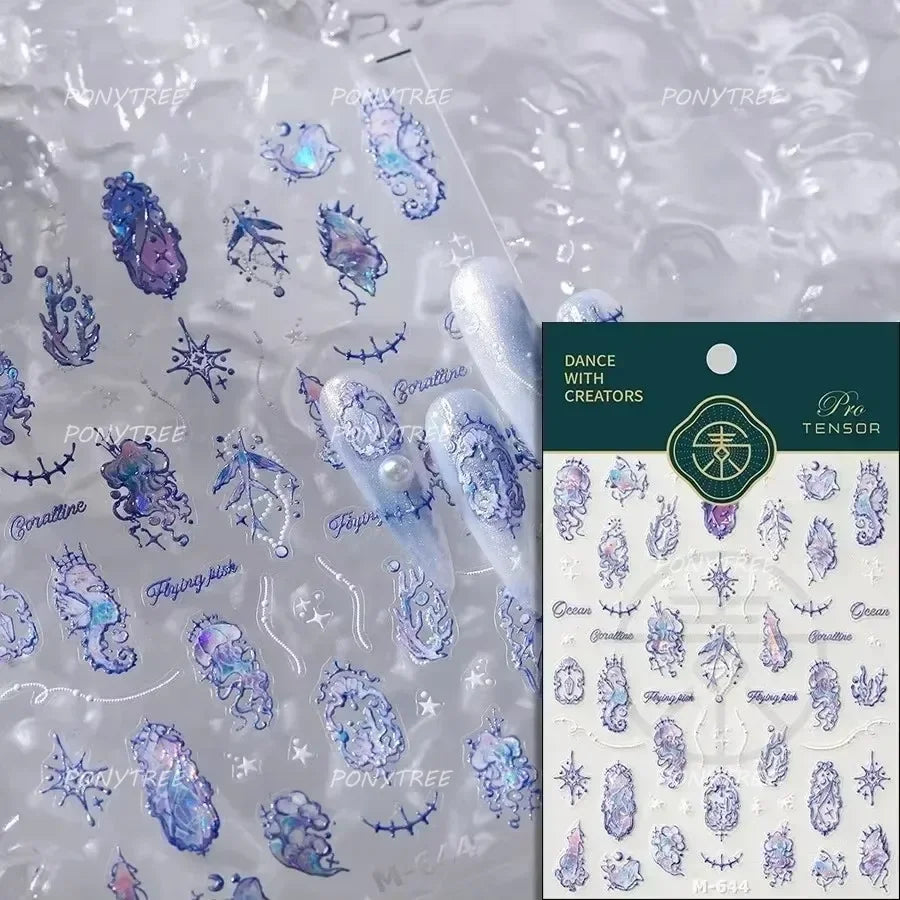 Blue Butterfly Planet Star Conch Snake Shell Clam Pearl Whale Jellyfish Moon Adhesive Nail Art Stickers Dreamy Manicure Decals (Online Order Only)