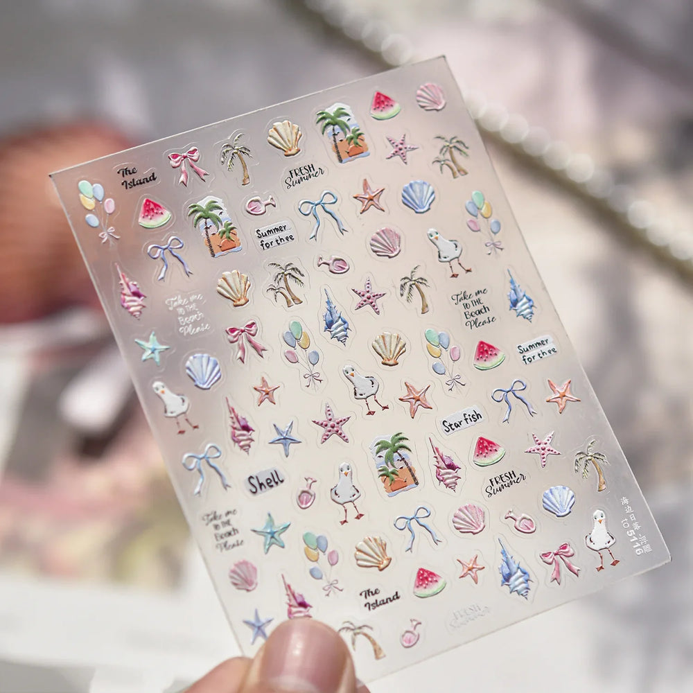 Summer Beach Bikini Watermelon Duck Cat Ice Cream Shell Coconut Tree Cherry Starfish Sunglasses Nail Art Sticker Manicure Decals (ONLINE ORDER ONLY)