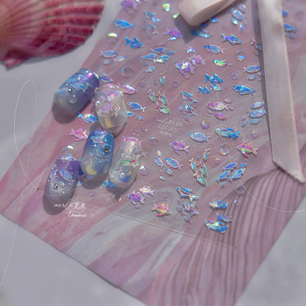 Colorful Shoal of Fish Whale Ocean Shell Conch Starfish Summer Sea Jellyfish Bubble Nail Art Decoration Sticker Manicure Decals (ONLINE ORDER ONLY)