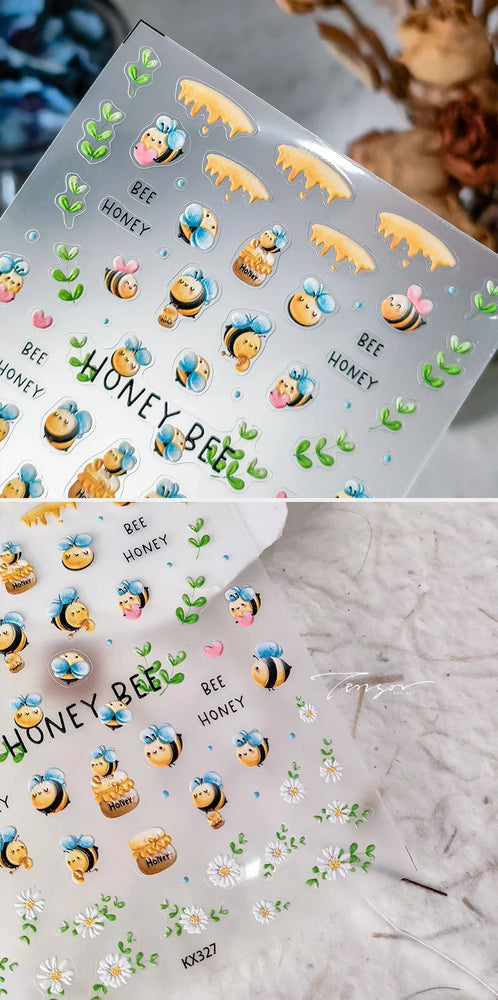 Cute Bee Honey Jar Daisy Flowers Gather Honey Pot Love Heart Green Leaves Reliefs Self Adhesive Nail Art Stickers Manicure Decal (ONLINE ORDER ONLY)
