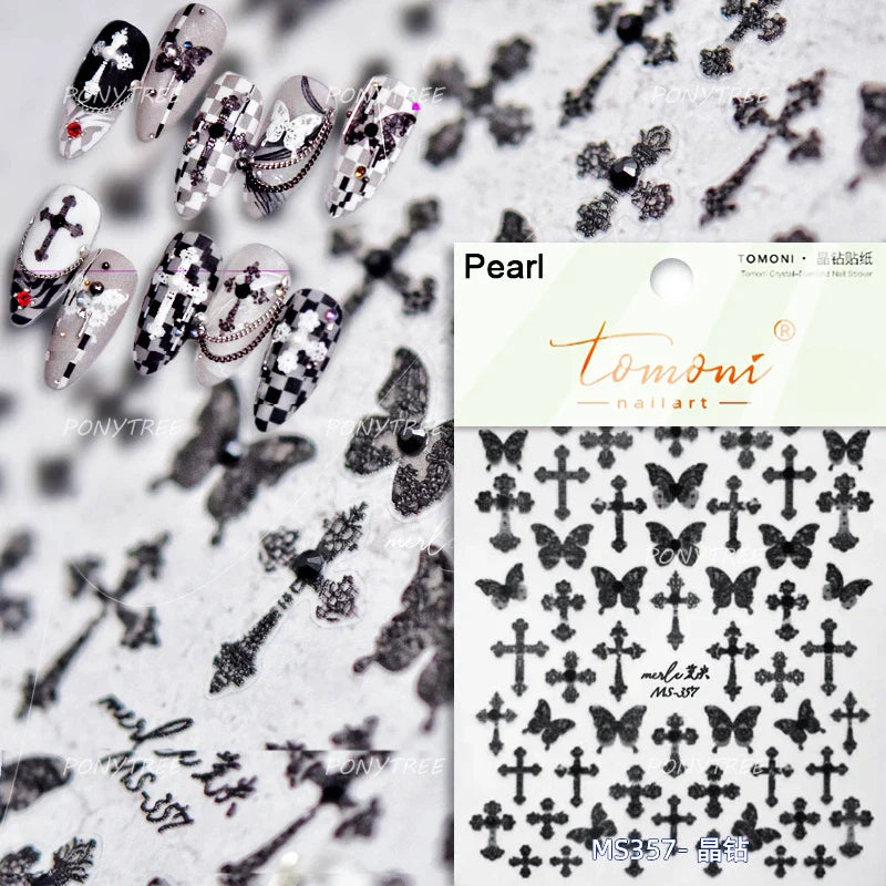 Black White Pearl Lace Butterfly Cross Retro Figure Flower Symmetric Self Adhesive Nail Art Stickers  Manicure Decals Wholesale (ONLINE ORDER ONLY)