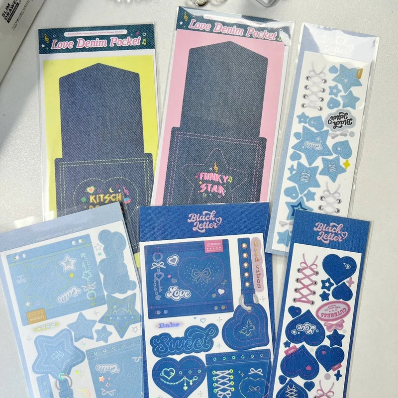 Korean Ins Creative Denim Pattern Stickers Scrapbooking Idol Album Decoration Sticker Aesthetic Personalized Kawaii Stationery (ONLINE ORDER ONLY)