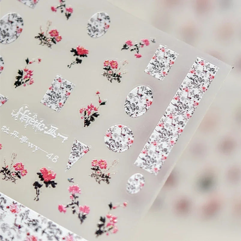 Red Azalea Rose Peony Crane Warbler Bird Fish Lily Chicken Rabbit Lobster Flower Retro Chinese Nail Art Sticker Decoration Decal (Online Order Only)