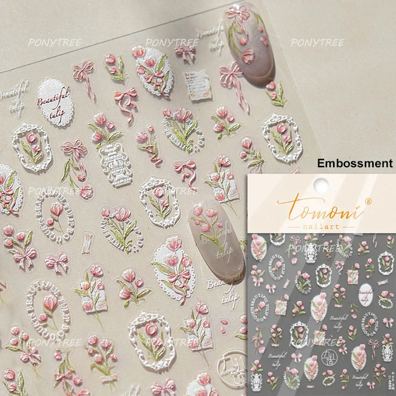 Orchid Daisy Chrysanthemum Peach Blossom Lotus Flower Vase Floral Art Fan Wintersweet Adhesive Nail Art Stickers Manicure Decals (Online Order Only)