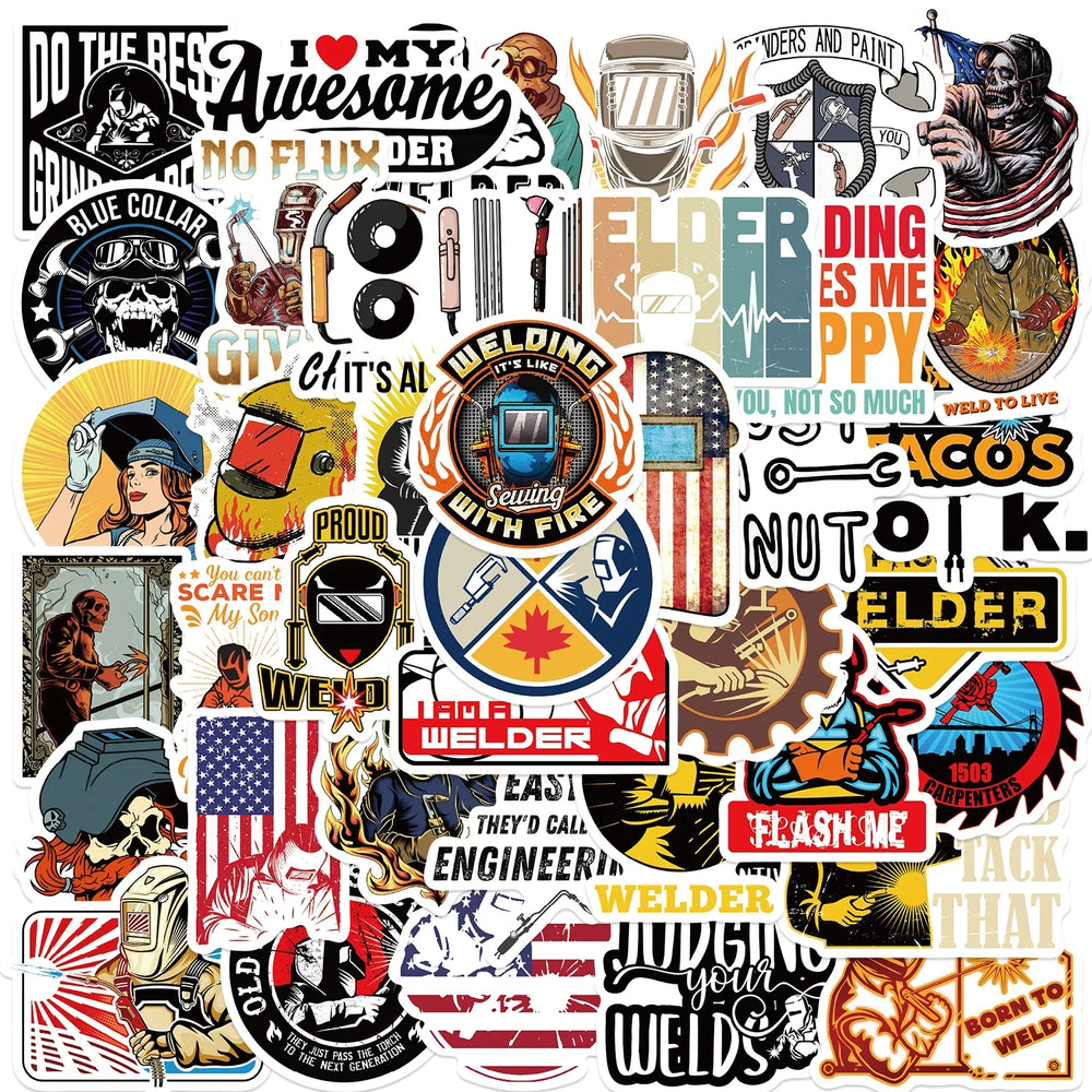 50PCS Mixed Welding Welder Graffiti Stickers For DIY Luggage Skateboard Waterproof DIY Cool Cartoon Decal Sticker Toys Gift (ONLINE ORDER ONLY)