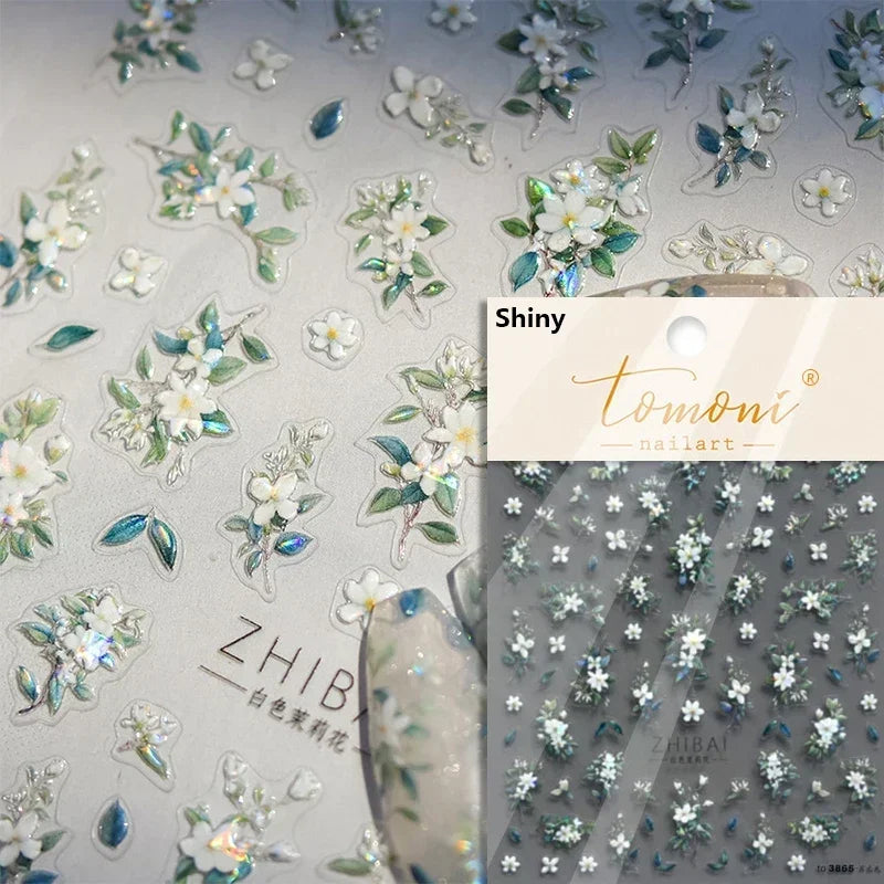 Gradient Coloredful Flower Petal Green Leaf Dreamy Shiny Chinese Rose Fantasy Relief Adhesive Nail Art Stickers Manicure Decals (Online Order Only)