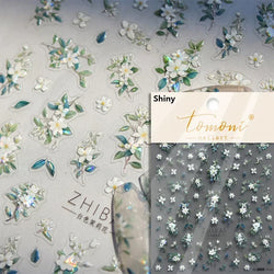 Gradient Coloredful Flower Petal Green Leaf Dreamy Shiny Chinese Rose Fantasy Relief Adhesive Nail Art Stickers Manicure Decals (Online Order Only)
