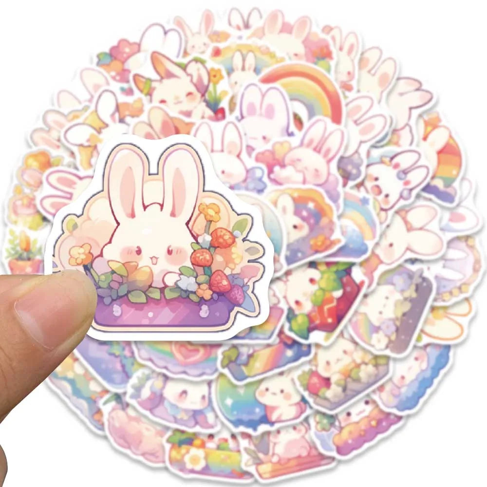 50pcs Cute Cartoon Rainbow Rabbite Animal Stickers For Laptop Phone Guitar Luggage Waterproof Graffiti Vinyl Car Decals (ONLINE ORDER ONLY)