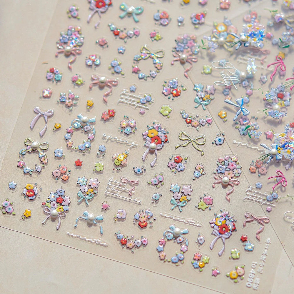 Colourful Field Bouquet Flower Spring Field Violet Daisy Bowknot Butterfly 5D Relief Adhesive Nail Art Stickers Manicure Decals (ONLINE ORDER ONLY)
