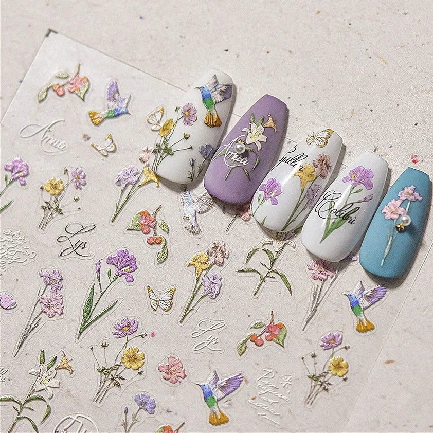 Hummingbird Iris Butterfly Peony Rose Tulip Daisy Lily Flowers Morning Glory Pearl Rhinestones Nail Art Sticker Decoration Decal (ONLINE ORDER ONLY)