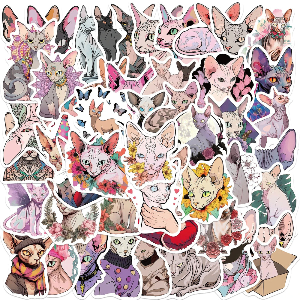 50PCS Sphinx Pink Hairless Cat Kitty Cute Vinyl Waterproof Stickers Cartoon Diary Suitcase Scrapbook Laptop Bike Sticker Decals (ONLINE ORDER ONLY)