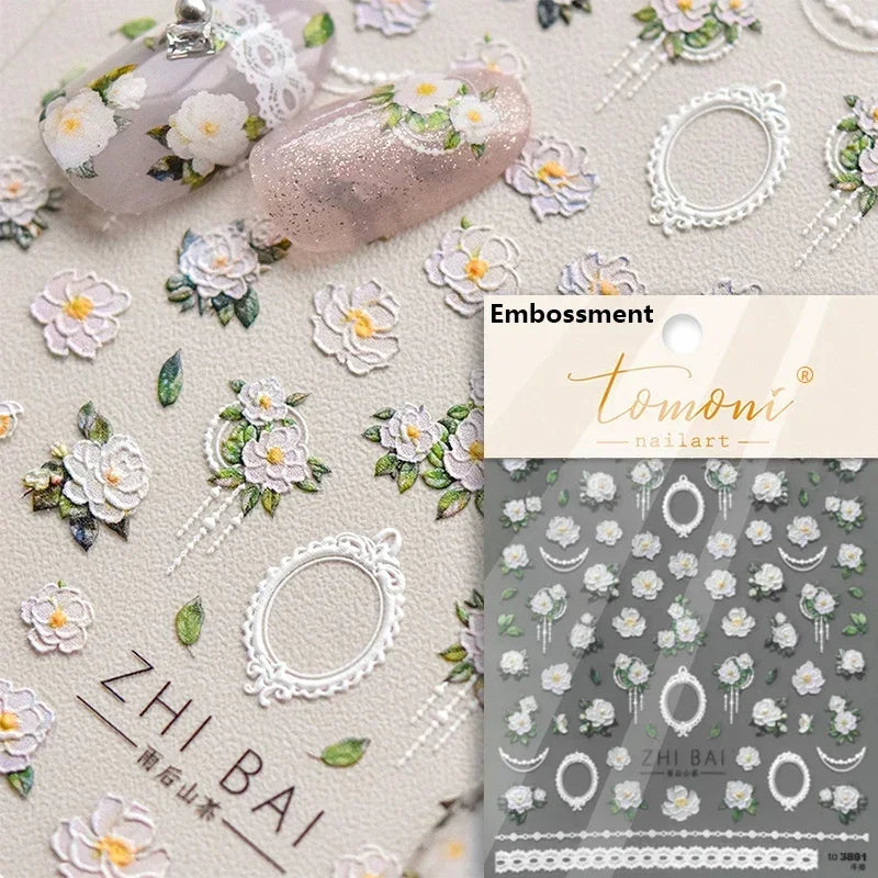 Gradient Coloredful Flower Petal Green Leaf Dreamy Shiny Chinese Rose Fantasy Relief Adhesive Nail Art Stickers Manicure Decals (Online Order Only)