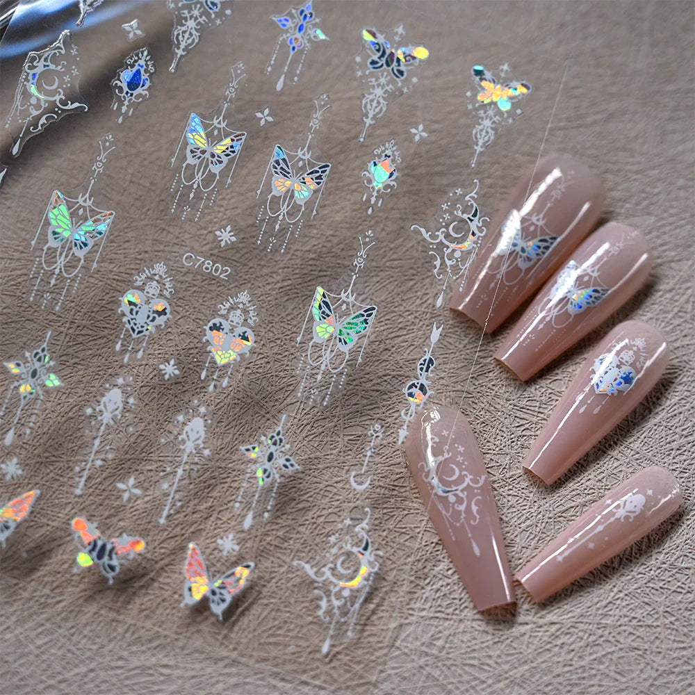 1pcs Butterfly Floral Nail Art Stickers Magic Shell Light Laser Black/White Nail Decoration Butterfly Slider Manicure Ornaments* (Online Order Only)