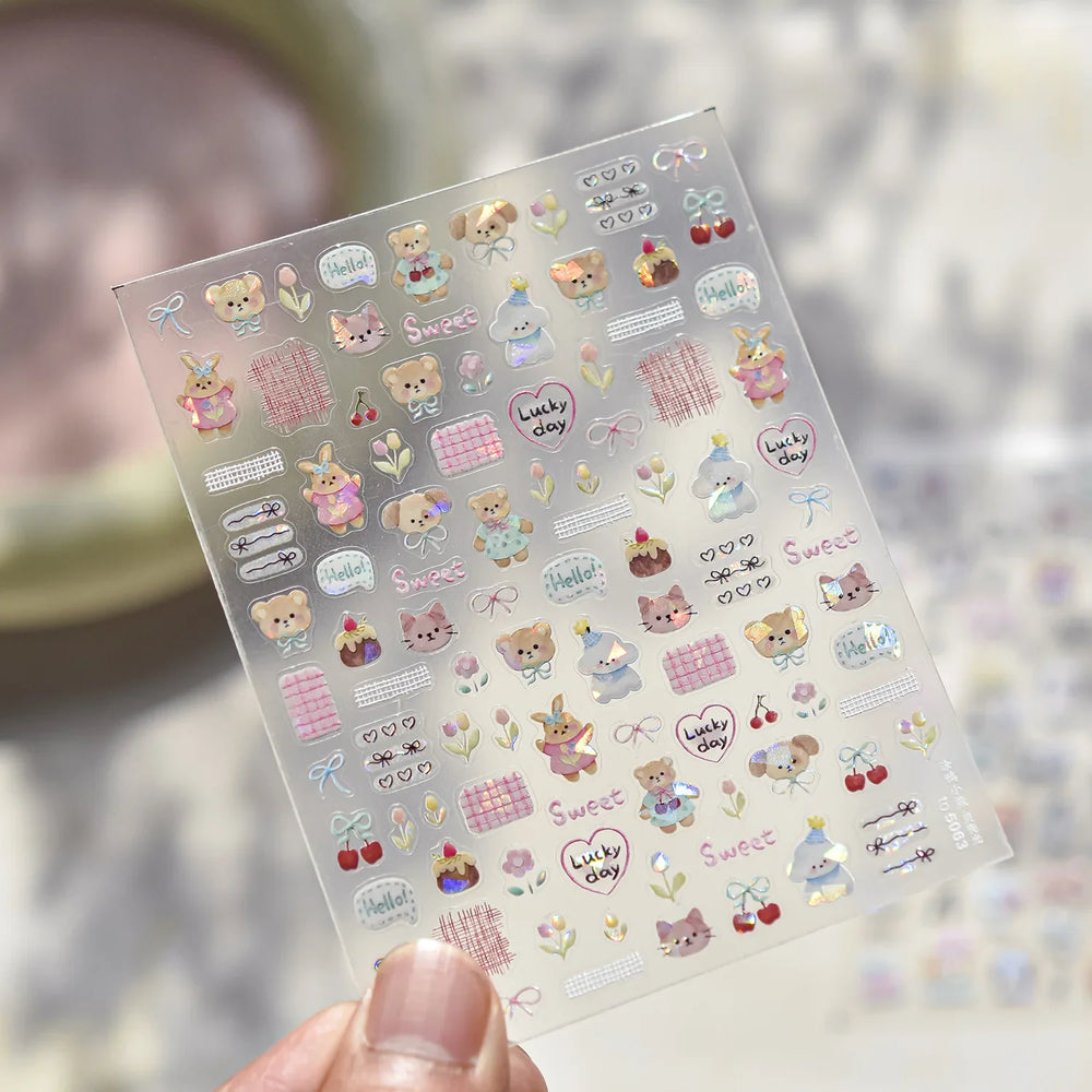 Graffiti Bear Cat Kitten Dog Puppy Bowknot Cake Tulip Note Star Cherry Cup Adhesive Nail Art Decoration Sticker Manicure Decals (ONLINE ORDER ONLY)