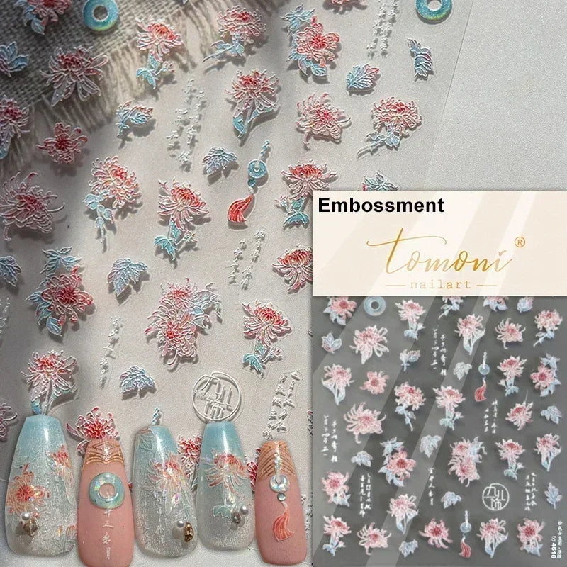 Charming Dreamy Shiny Jelly Blue Gradient Lily Flowers Rose Petal White Dot Chinese Colorful Nail Art Stickers Manicure Decals (ONLINE ORDER ONLY)