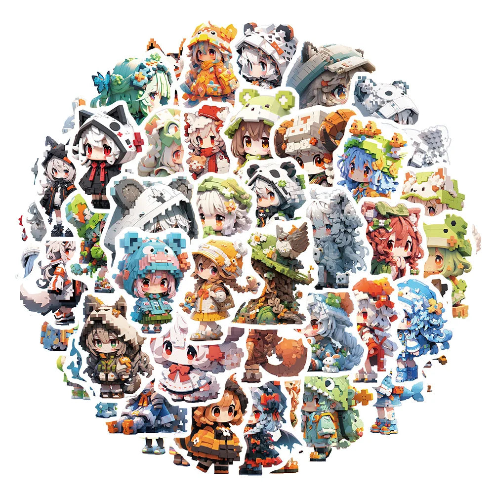 Cartoon Pixel Animal Girl Stickers for Suitcase, Skateboard, Laptop, Phone, DIY Decal (10/30/50 Pcs) (ONLINE ORDER ONLY)