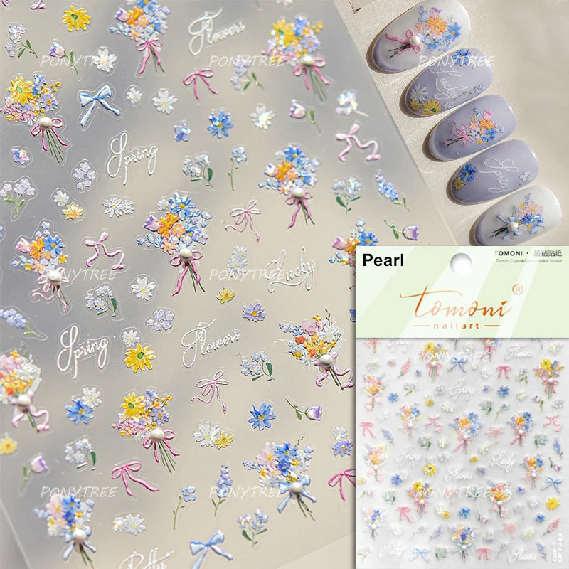 White Daisy Sunflower Green Leaves Wreath Garland Flower Cluster Bouquet Flat Adhesive Nail Art Sticker Manicure Decals Supplies (Online Order Only)